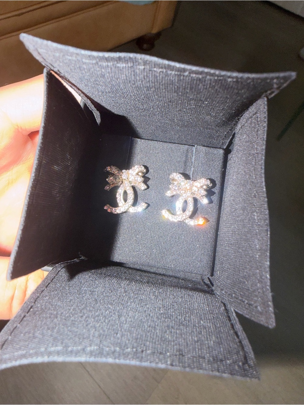 CHANEL Crystal Bow CC Logo Stud Earrings Gold Tone